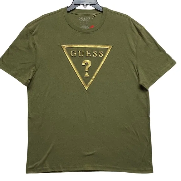 Guess Mens Olive Green Gold 3D Triangle Logo T-Shirt XL NWT - Picture 2 of 6